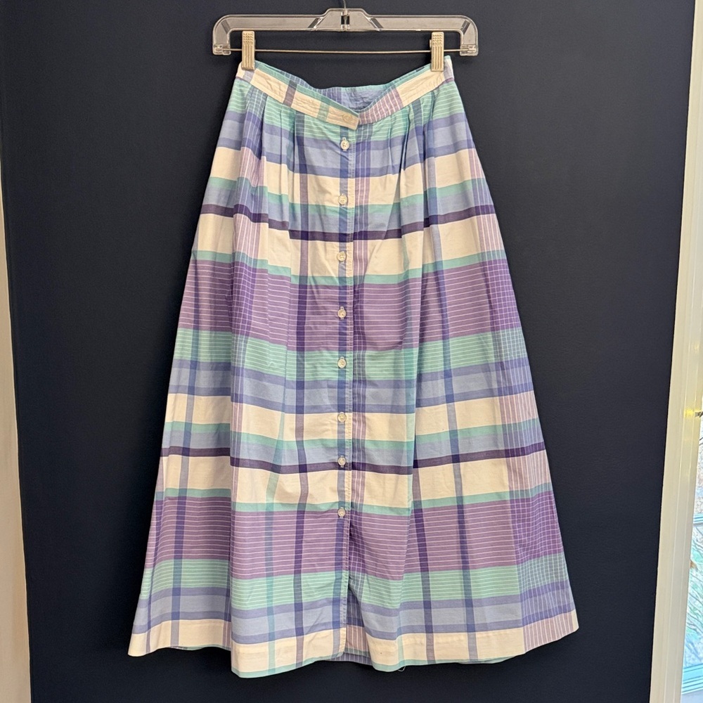 Vintage David Brooks Plaid Midi Skirt Size 8 USA Made Button Front Pockets